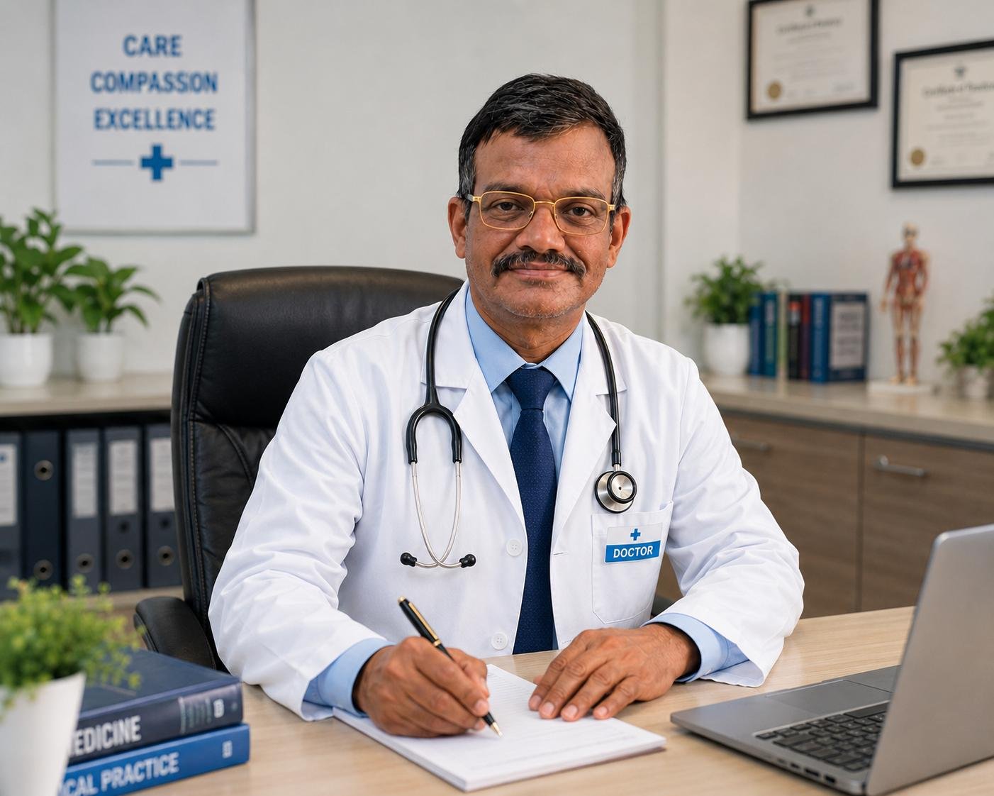 Dr. Mangala Prasad Roy writing a prescription